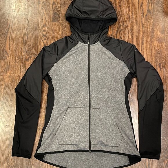 Nike Dri-FIT Hooded Full Zip Jacket Gray Black Woven Overlay Thumbholes Size L - Picture 2 of 8
